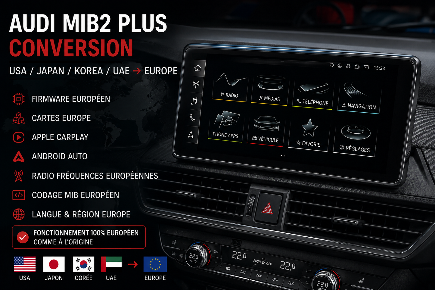 Conversion Audi MIB USA / Japon / Corée / UAE vers Europe (Firmware EU, Navigation, CarPlay & Android Auto)